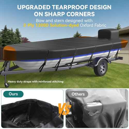 1200D 5-Layer Jon Boat Cover 16-18ft with Motor Cover | Super Waterproof (2-Layer PU, 1" Seam Tape) | UV Resistant, 11+4 Windproof Straps | Mooring/Trailerable