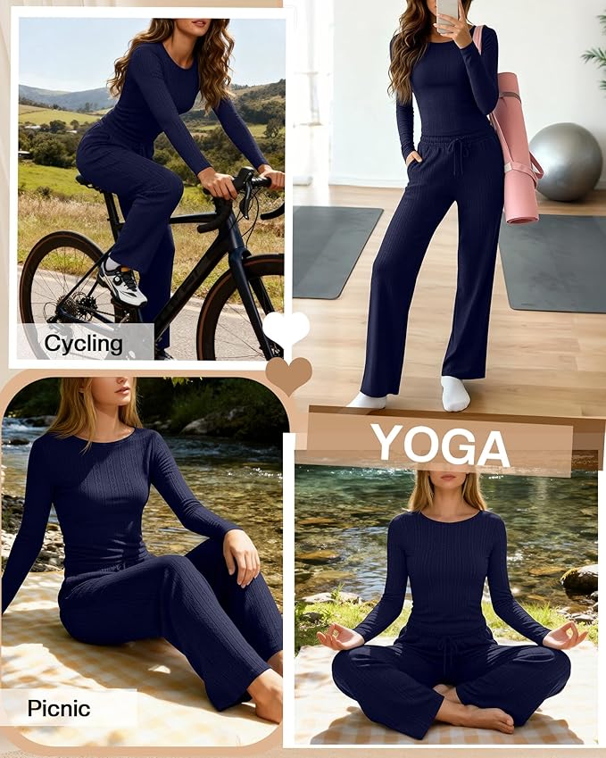Evervibe Women's 2 Piece Lounge Set Long Sleeve Crew Neck Top Drawstring Wide Leg Pants Casual Tracksuit Matching Set