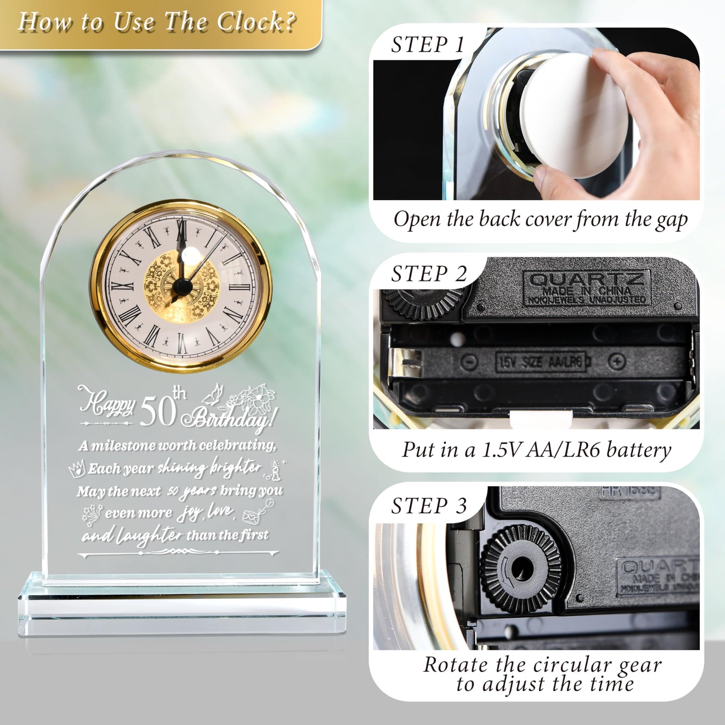 QIANCHANG 50th Birthday Gift for Men and Women, Crystal Roman Numerals Decorated Quartz Clock, for 50 Year Old Women, 50th Birthday Gift for Men