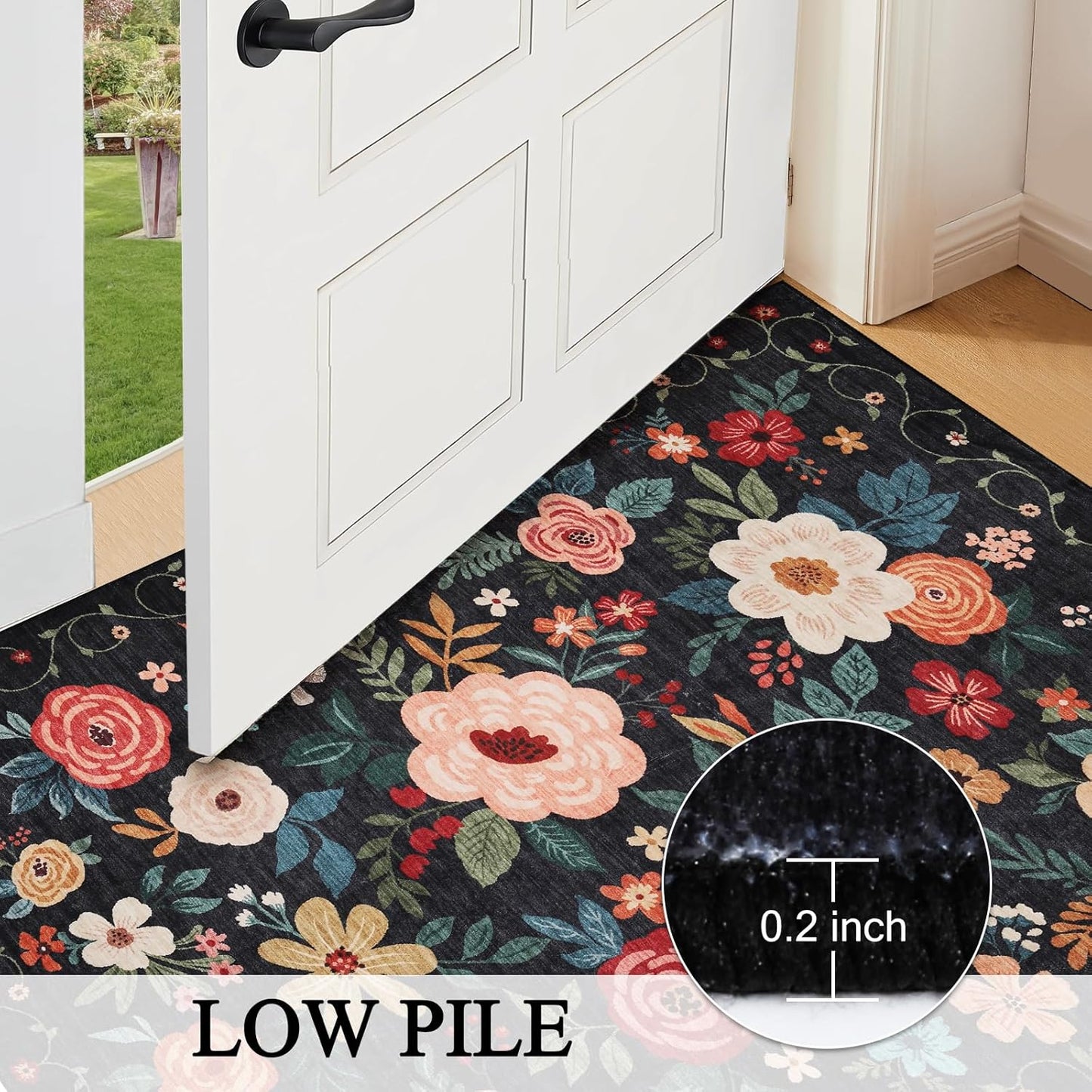 DUKINO 6x9 Area Rug, Floral Rugs for Living Room, Lightweight Non Slip Washable Indoor Low Pile & Non-Shedding Boho Design Carpet for Bedroom, Living Room, Dining Room, Black