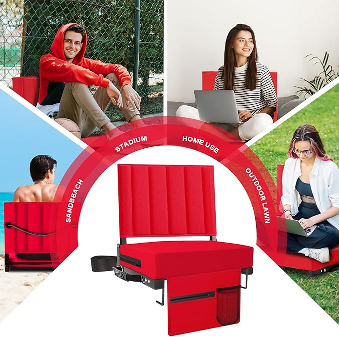 Aliphon Stadium Seat for Bleachers with Back Support and Cushion, Bleacher Seats with Shoulder Strap and Cup Holder, Padded Portable Folding Comfort Stadium Chair, for Sports Events, Red (1pcs)