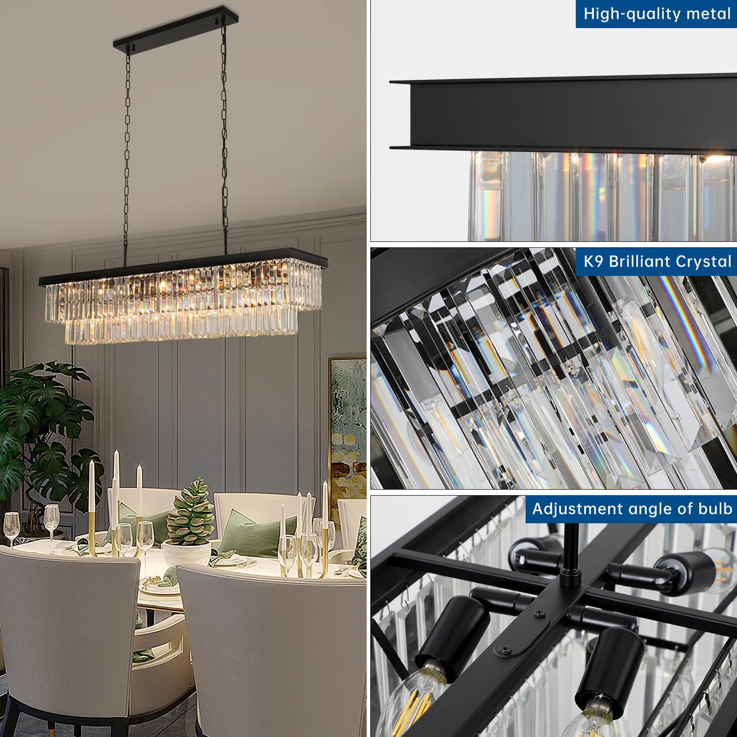Weesalife Crystal Chandeliers for Dining Room Light Fixtures Over Table，18-Lights Black Modern Rectangle Chandeliers for Kitchen Island Bar L46 Inch