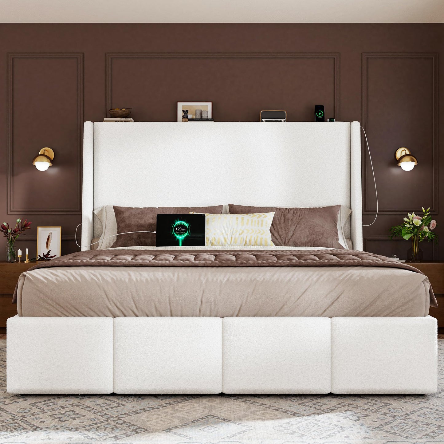 LARMACE King Size Bed Frame 54.2" Extra Tall Wingback Headboard, Lambswool Upholstered Platform Bed Frame with Legs Featuring Built-in Charging Ports, Wood Slats, No Box Spring Needed, White