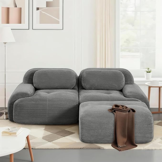 SoarFlash 81” Sectional Cloud Boneless Sofa Couches for Living Room-2 Seater L-Shaped Modern Lounge Couch-No Assembly Modular Corduroy Convertible Sponge Sleeper Sofas with Chaise for Home House,Grey