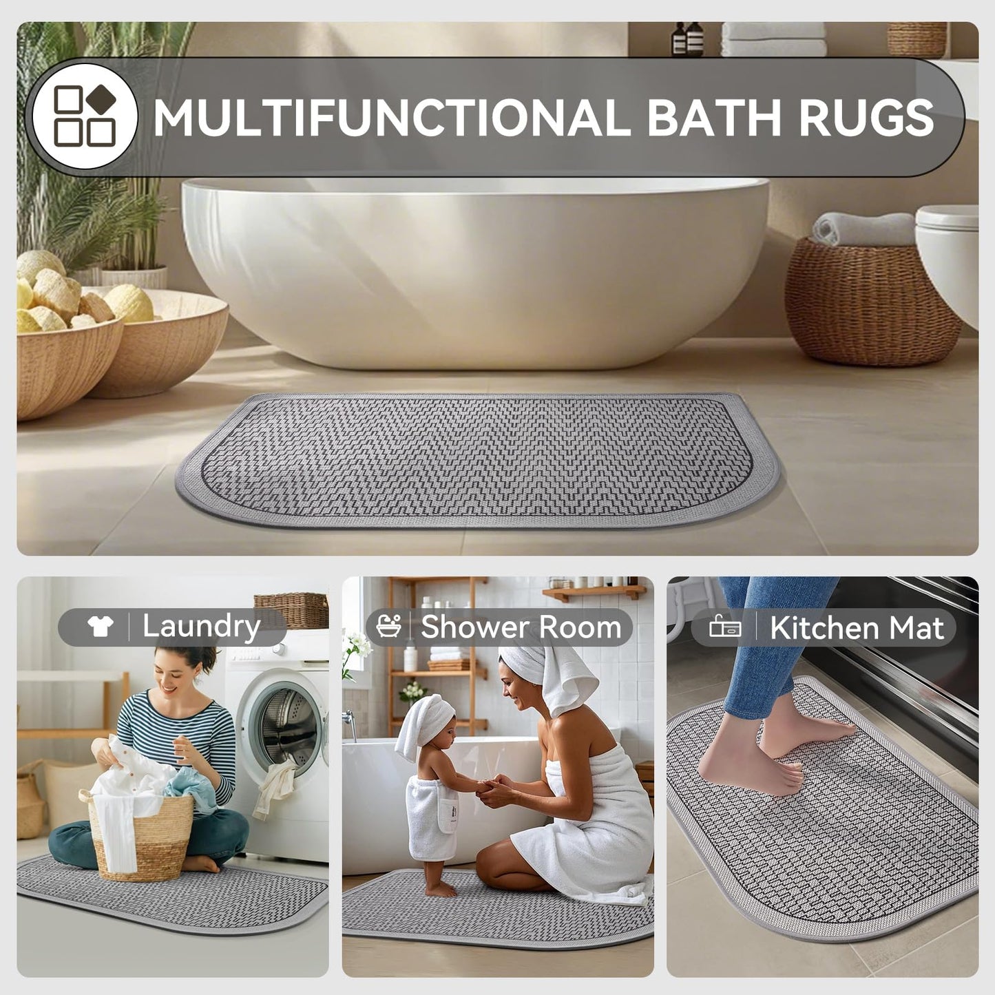 YDKGL Ultra Thin Bathroom Rugs Mat Quick Dry Absorbent Non Slip Bath Mat Bath Mats for Bathtub Mat Bathroom Carpet Fit Under Door Woven Washable Floor Rubber Half Round Bath Rugs Grey 16x24