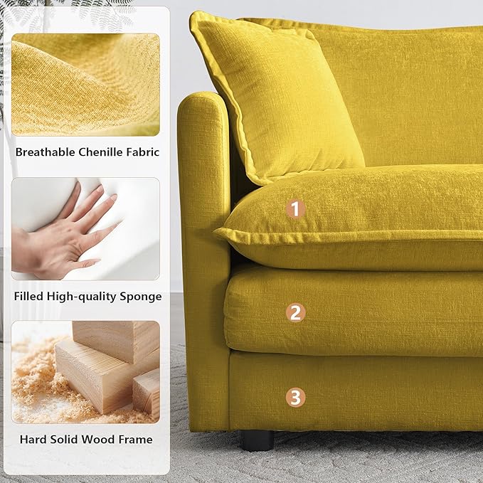 mikibama Luxury Loveseat Sofa Couch, 76" Modern Chenille Deep 2-Seater Cloud Couch with 2 Armrest Pillows and 2 Toss Pillows, Love Seat for Living Room Bedroom Office Apartment, Yellow