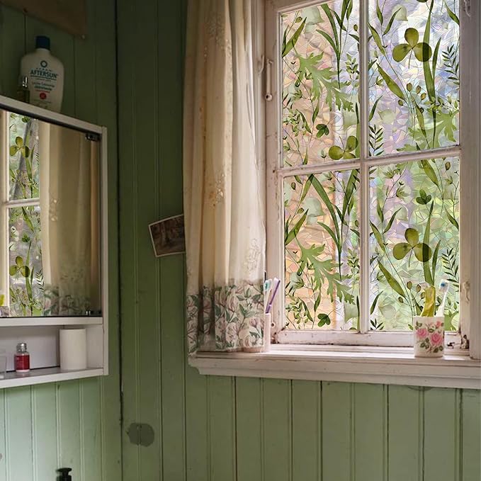 Rainbow Watercolor Green Leaves Window Film, Privacy Iridescent Static Cling Double-Sided Decals for Window Door Glass Decor, Herbs, 118.11" x 29.52"