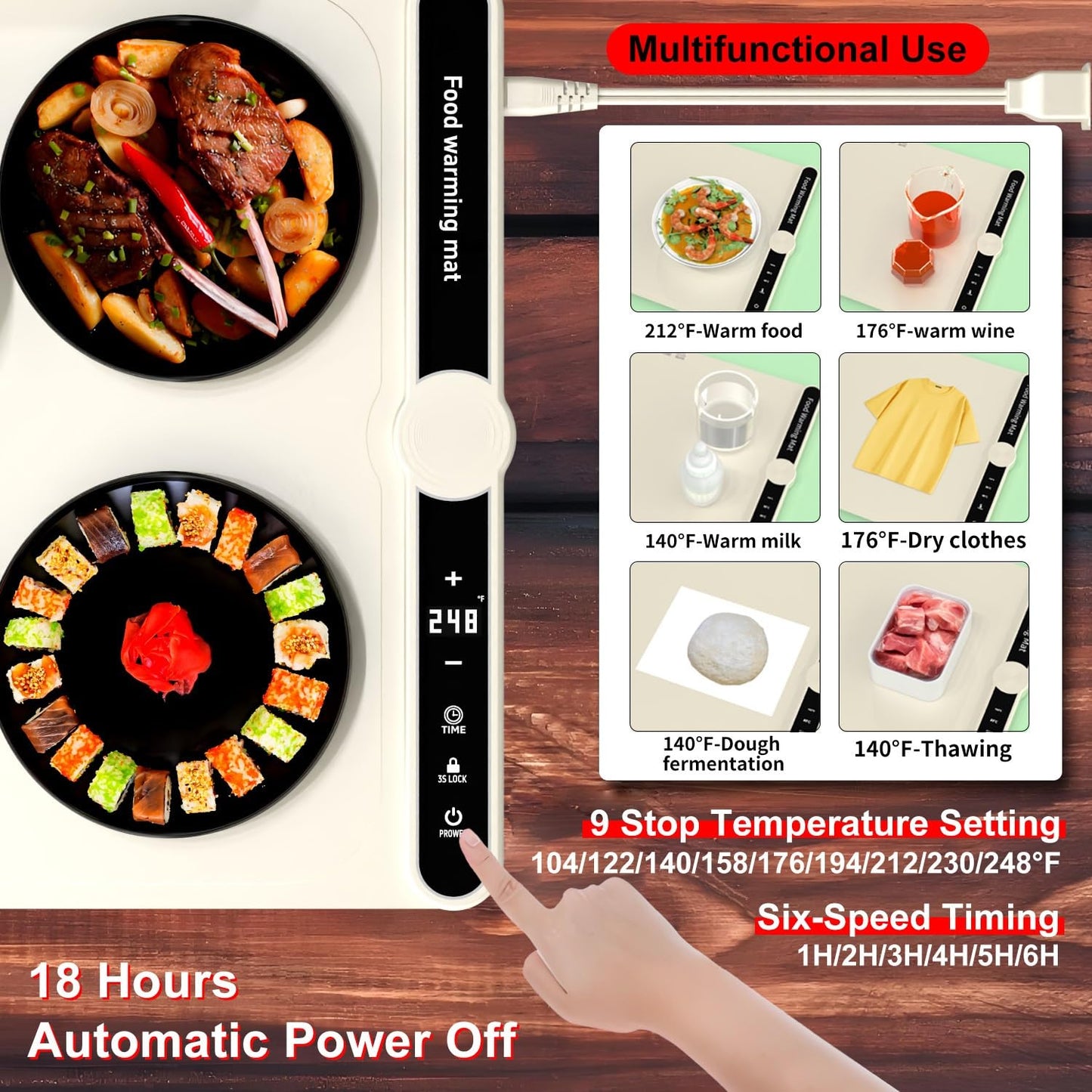 Food Warming Mat, Food Warming Mat Electric, 9 Temp Levels, Timer, Waterproof, Heat Insulating, Dishwasher-Safe, for Buffet, Food Warmers for Parties Buffet,Portable Heating Pad