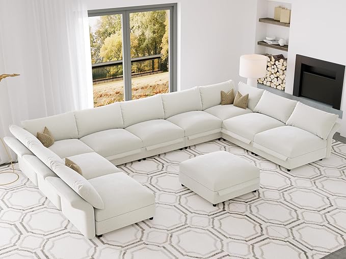 DreamDashio 193" Oversized Modular Sectional Sofa with Storage, U Shaped Sectional Cloud Couch for Living Room with Adjustable Arms Backs, Thick Cushions 10 Seater, Beige Chenille