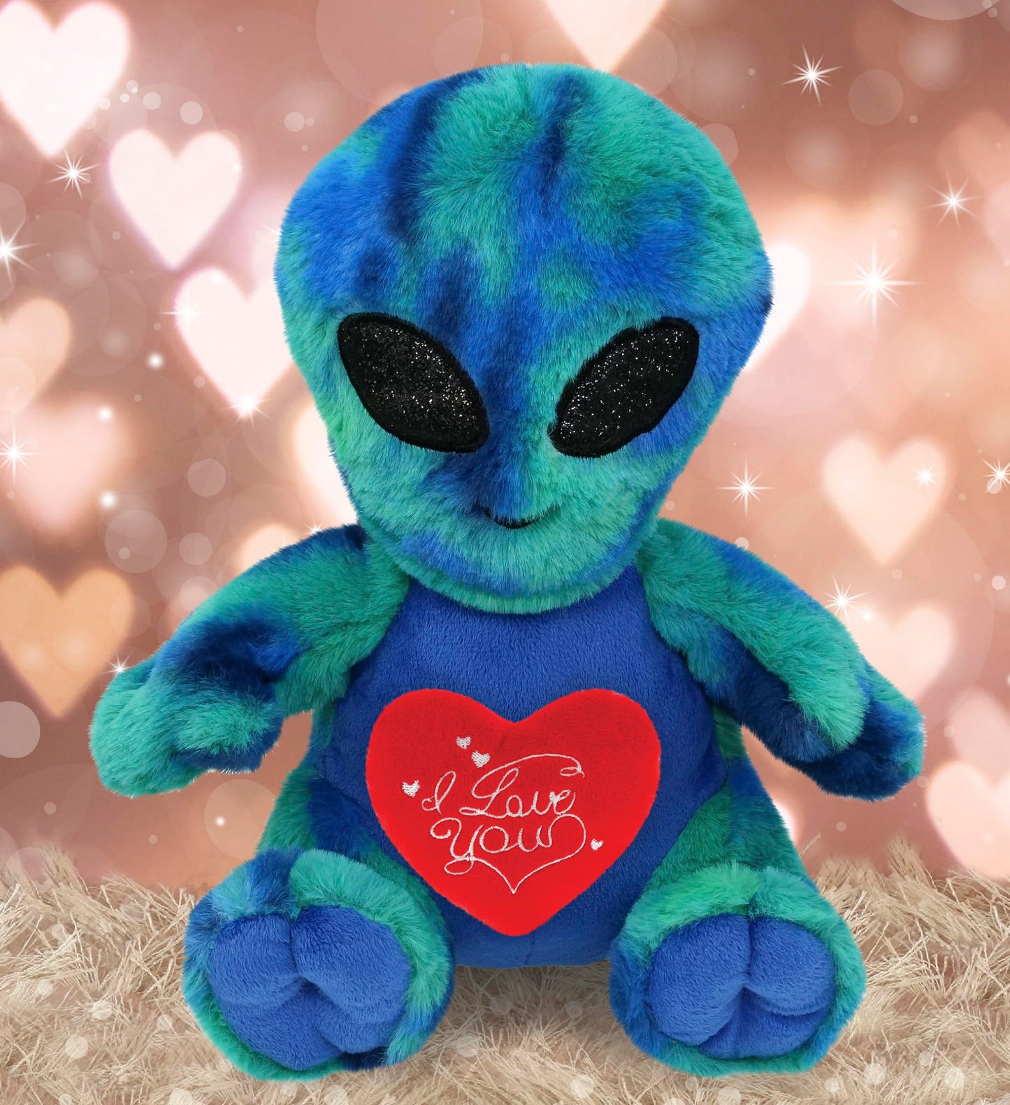 DolliBu I Love You Valentine Plush Blue Tie-Dye Alien - Cute Stuffed Animal with Red Heart and Name Personalization Gift for Valentines Day, Birthday, Anniversary, Romantic Date - 9 Inches