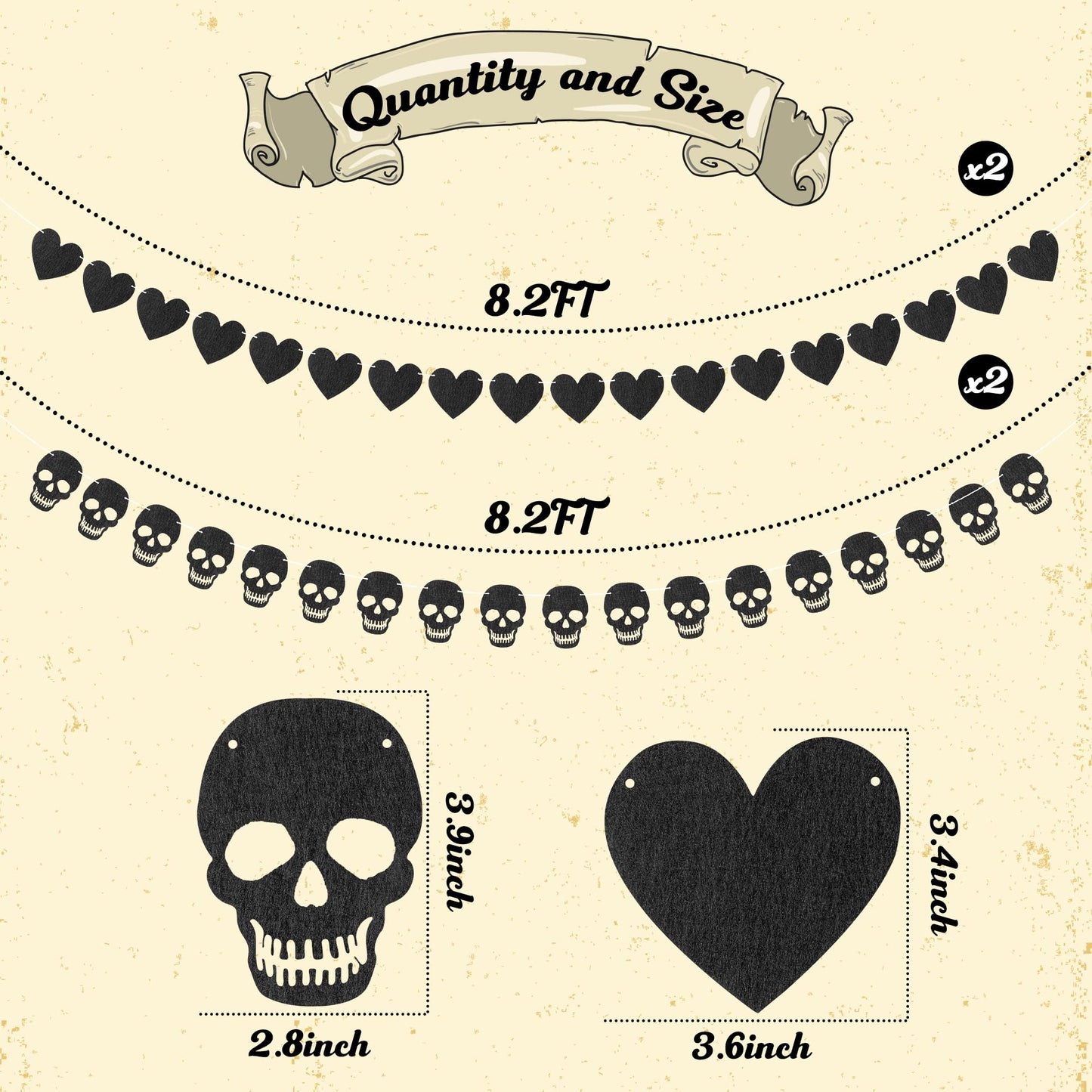 K1tpde 4PCS Gothic Black Heart Skull Garland Banner Kits, Black Felt Heart Banner for Valentines, Skull Garland Backdrop for Gothic Birthday Party Decorations, Halloween Home Decor