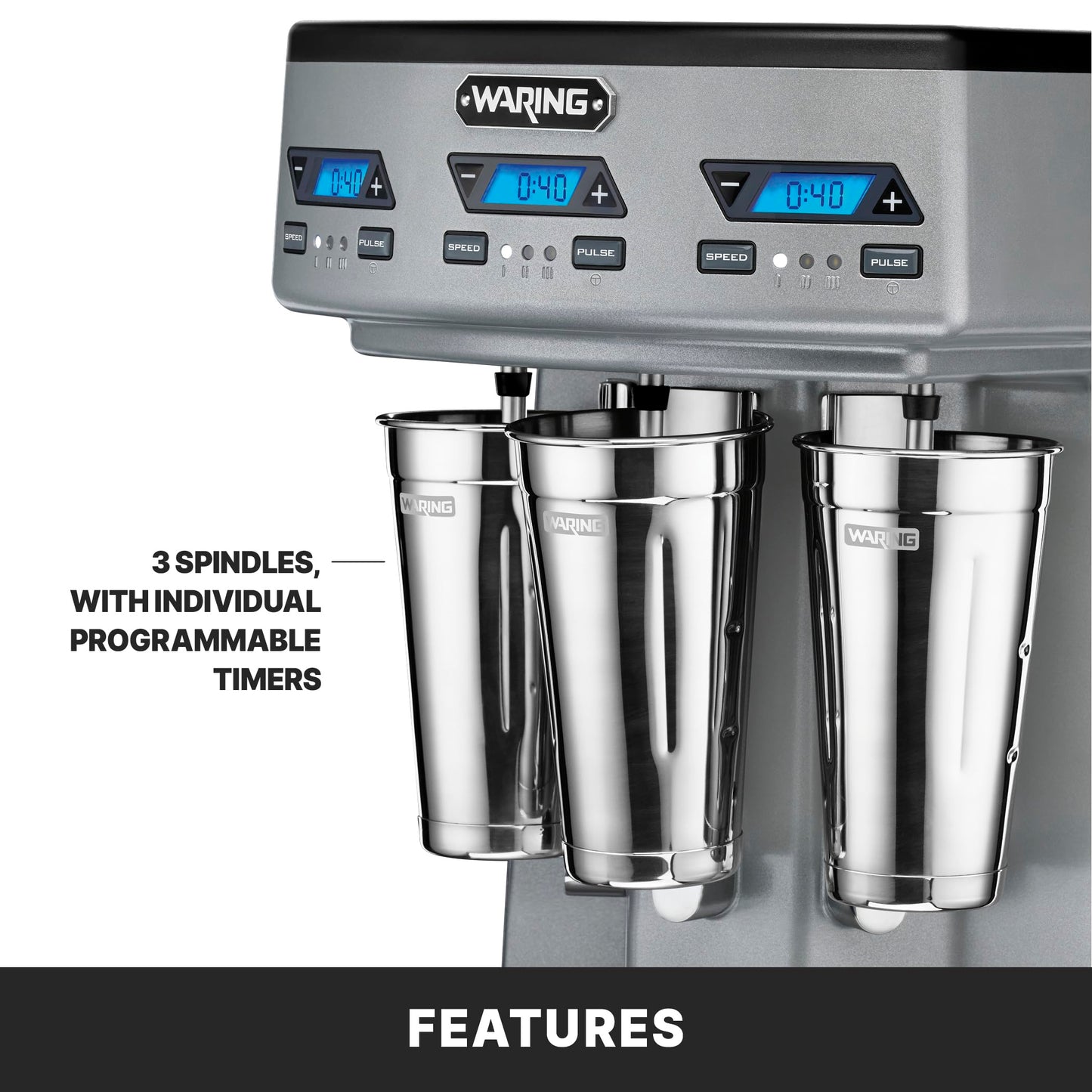 Waring Commercial WDM360TX Heavy-Duty Triple Spindle Drink Mixer, Each Spindle Has Independent 1hp Motor, with Countdown Timer, Digital Display, Automatic Start/Stop, 120V, 5-15 Phase Plug,Silver