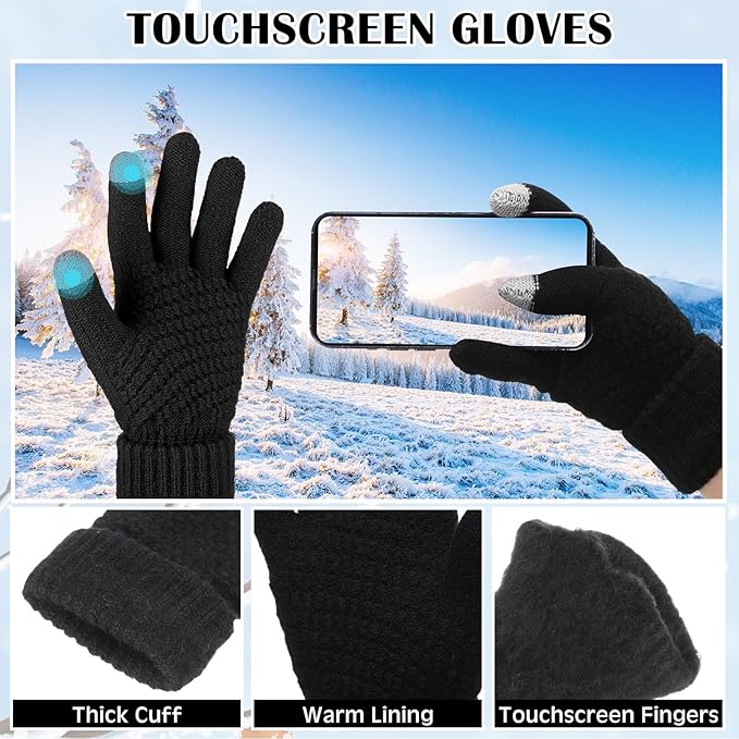 SATINIOR 5 Pcs Winter Hat Scarf Gloves Set Fleece Lined Knit Beanie Hat Warm Touch Screen Gloves Earmuff Warmer for Women(Black,Chic Style)