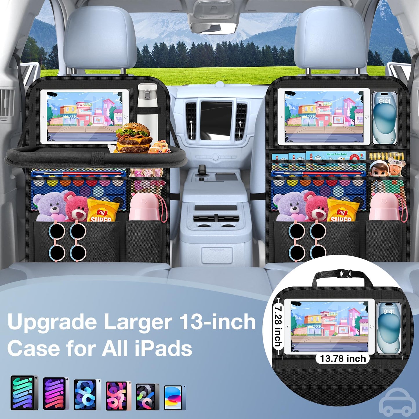 Oneyus Car Backseat Organizer with Table Tray((2-Pack)) 9 Storage Pockets Backseat Car Organizer and storage with Tablet Holder, Kick Mats Back Seat Cover for Kids family Road Trip Essentials Travel