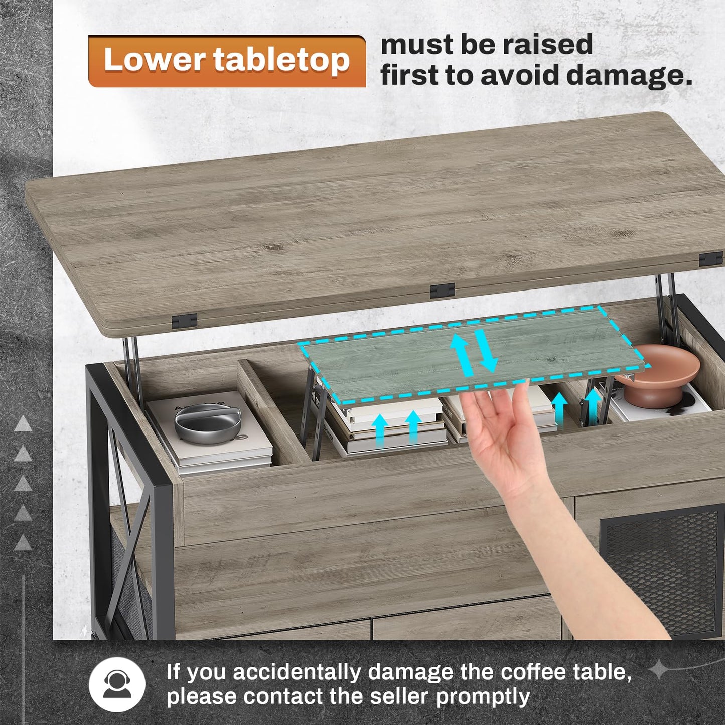 Itaar 40" Lift Top Coffee Table, 4 in 1 Coffee Tables with Storage Cabinet for Living Room, Small Farmhouse Coffee Table with 2 Fabric Drawers & LED Light for Dining Room, Grey