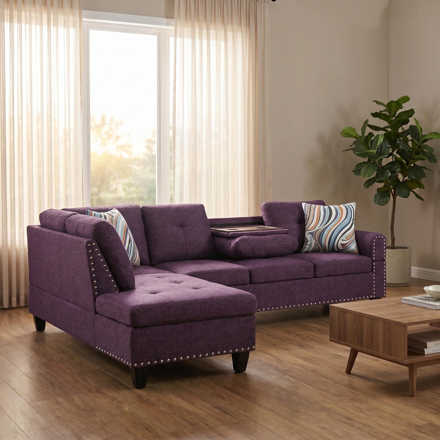 Trygoal L-Shaped Sectional Sofa, Modern 4-Seat Couch with Built-in Cup Holders, Upholstered Fabric Sectional Couch with Right Facing Chaise for Living Room, Apartment, Office, Purple