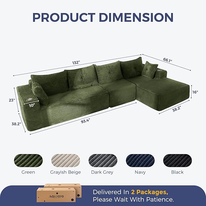 MAXYOYO 132" Oversize Modular Sectional Couch with L-Shape Chaise, Modern Boneless Couch for Living Room, Sofa in A Box, Oversized Sofa Sleeper with Deep Seat, No Assembly Required, Green