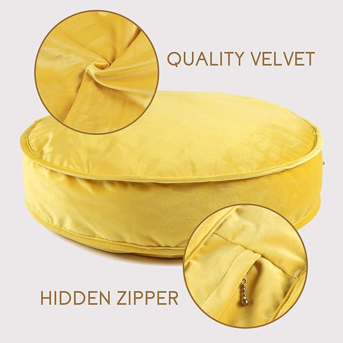 YIUOR Velvet Floor Pillows Round Chair Cushion Couch Throw Pillow Soft Pouf Seat Mattress Bean Bag for Reading Nook Play Room (25.6IN, Yellow)