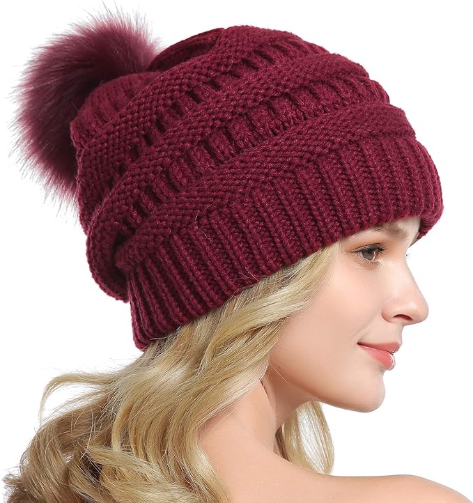 QUEENFUR Women Knit Slouchy Beanie Chunky Baggy Hat with Faux Fur Pompom Winter Soft Warm Ski Cap