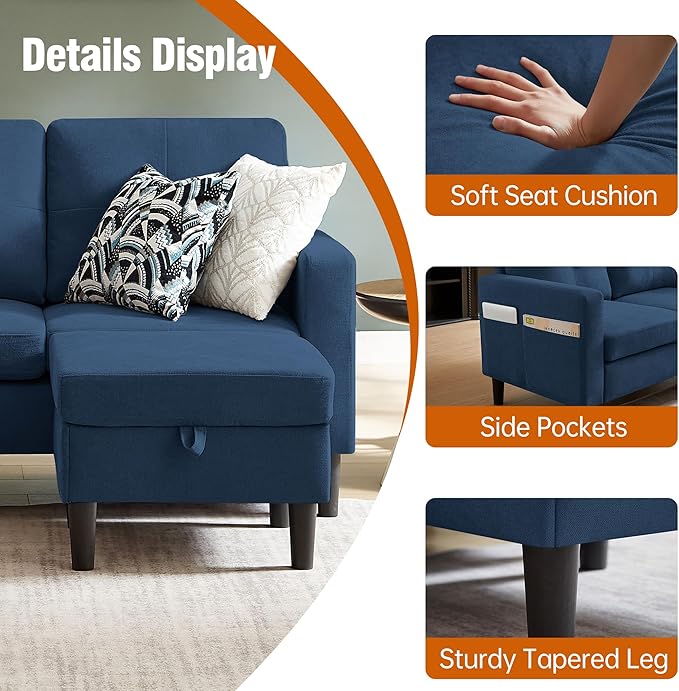 Pingliang Home 80" Convertible Sectional Sofa Couch with Movable Ottoman, 3 Seats Sectional Sofas L Shaped Couch for Small Spaces, Soft Fabric Couch for Living Room (Blue)