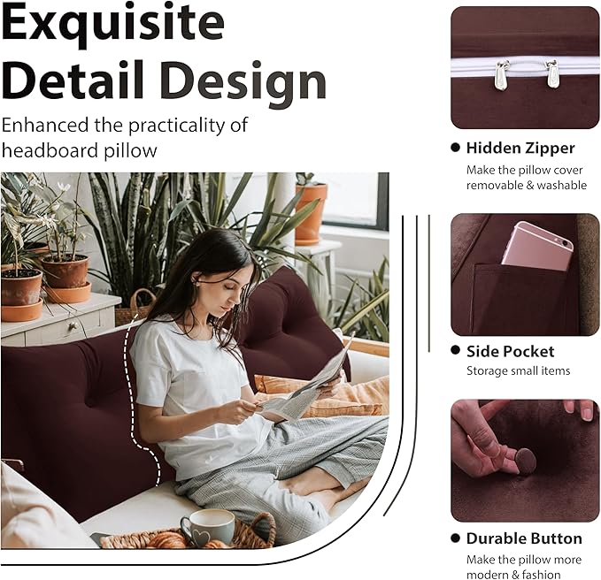 Bed Wedge Headboard Pillow - College Dorm Reading Pillow Back Support While Sitting in Bed - Ergonomic Lumbar Pillow Body Positioning Bed Pillow - Velvet Maroon 59IN