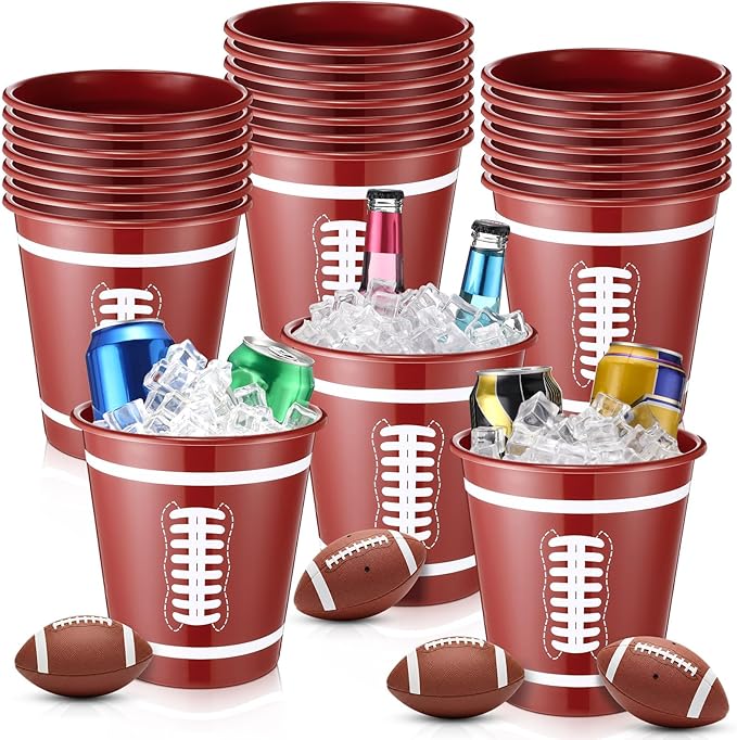 Layhit 24 Packs Football Plastic Ice Buckets for Parties 101 oz/ 3 L Wine Bucket Portable Ice Holder Disposable Wine Coole...