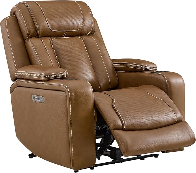 Watson & Whitely Genuine Leather Electric Recliner Chairs, Oversized Super Zero Gravity Recliner Triple-Motor W Adjustable Lumbar Headrest Support & Hidden Storage, Saddle Brown
