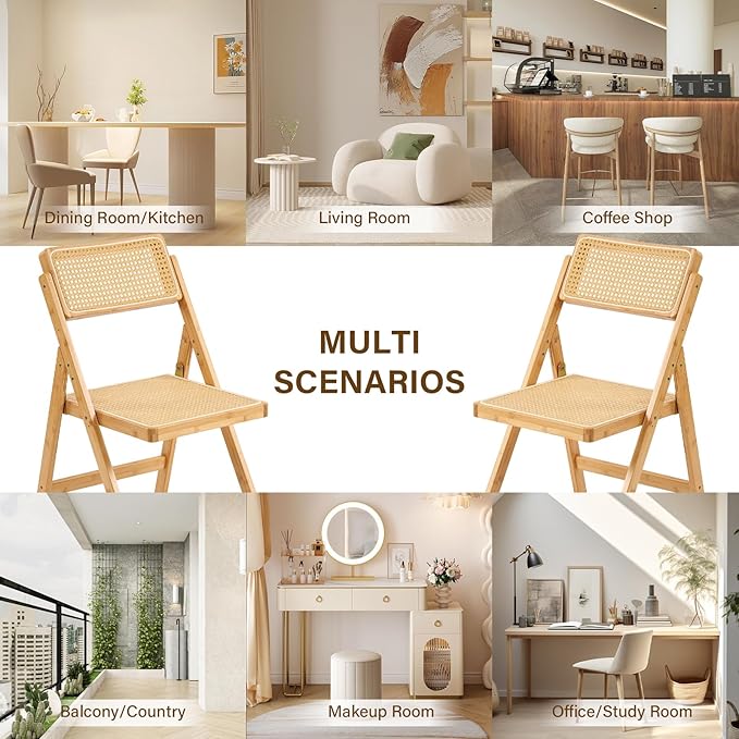 Furlide Rattan Folding Chairs, Modern Mid Century Dining Chairs Set of 2, Outdoor Bamboo Chair for Bedroom Living Room Reading Room Dining Kitchen, Wood
