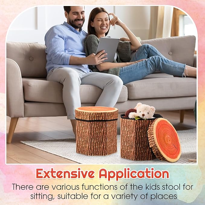 Amylove 3 Pack Tree Stump Storage Stool 12 x 12 Inch Stool Ottoman, Cute Folding Storage Toy Box with Foam Cushion, Collapsible Seat Chest (Classic)