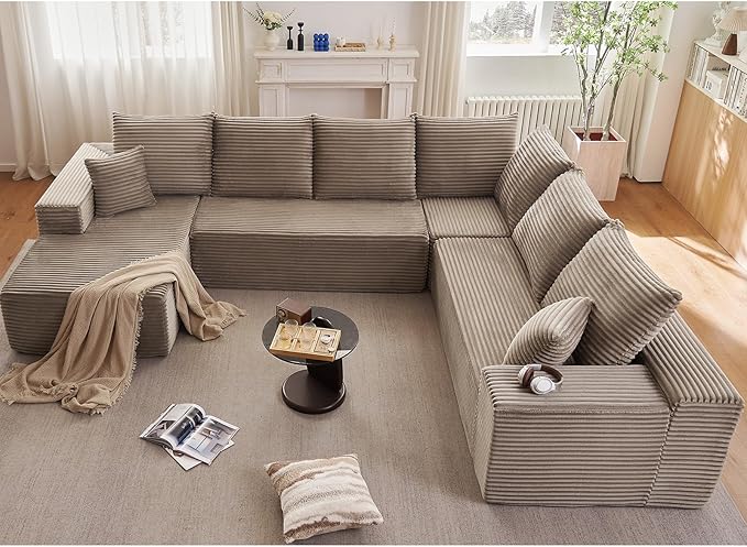 Cloud Sectional Couch with L-Shape Chaise, Upholstered Corduroy Couches Stupendous U Shaped Sofas, Modern Modular Comfy Sofa with Deep Seat for Living Room Bedroom, No Assembly Required, Camel