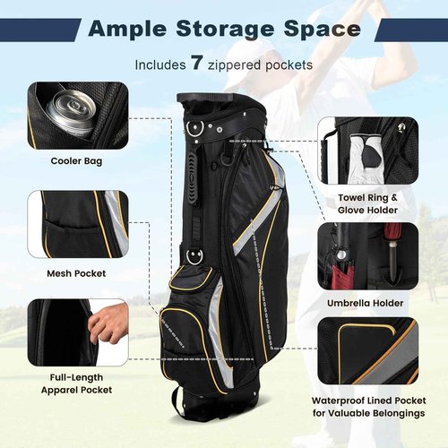 Goplus Golf Stand Bag, Golf Club Bag 8 Way Top Dividers, Cooler Bag, 7 Zippered Pockets, Adjustable Dual Strap, Rain Hood, 4.5LBS Lightweight Portable Golf Bag with Stand for Men Women