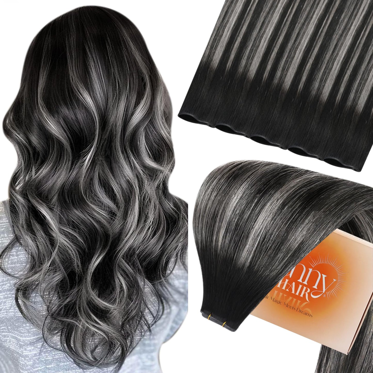Sunny Hair Genius Weft Human Hair Extensions Black Ombre Sew in Hair Extensions Real Human Hair Black Roots to Silver Grey Sew I