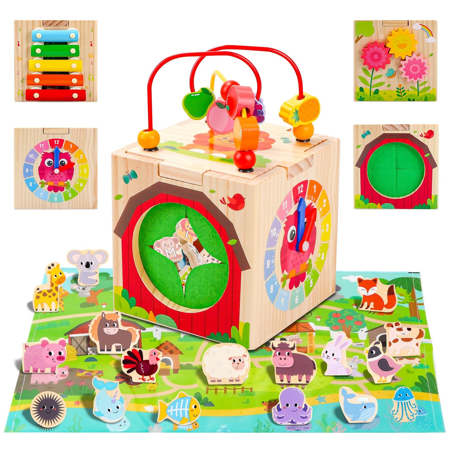 Wooden Activity Cube with Map Farm Game and Mystery Box | Montessori Toys for 1 2 3 Year Old Toddlers | Baby Toys 12-18 Months | First Birthday Gifts for Girls & Boys