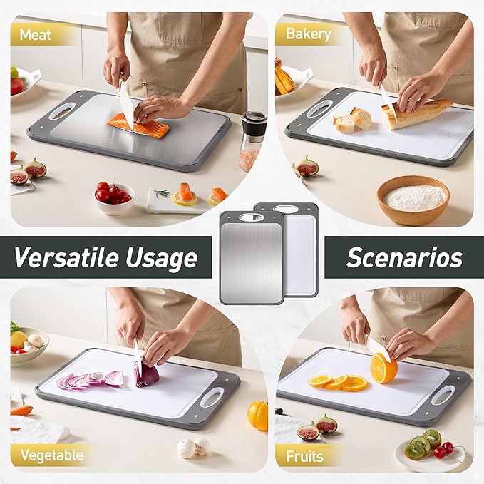 2 in 1 Stainless Steel Cutting Board with Handle Chopping Extra Large Tablas Para Picar Cocina Tabua Madeira Corte Carne Alimentos Cortar Juego Regalos Cumpleaños Navidad Mujer Mama Abuela Hombre Papa