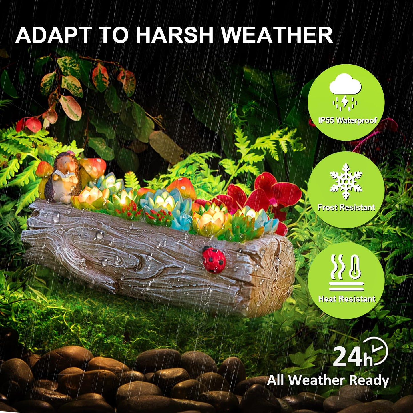 ZQQLITE Garden Solar Figurine Light - Stump Succulent Solar Light Outdoor, Solar Powered Lighting Outside Decorations Yard Art Lawn Ornaments for Porch Patio Balcony - Succulent Gifts for Women Mom