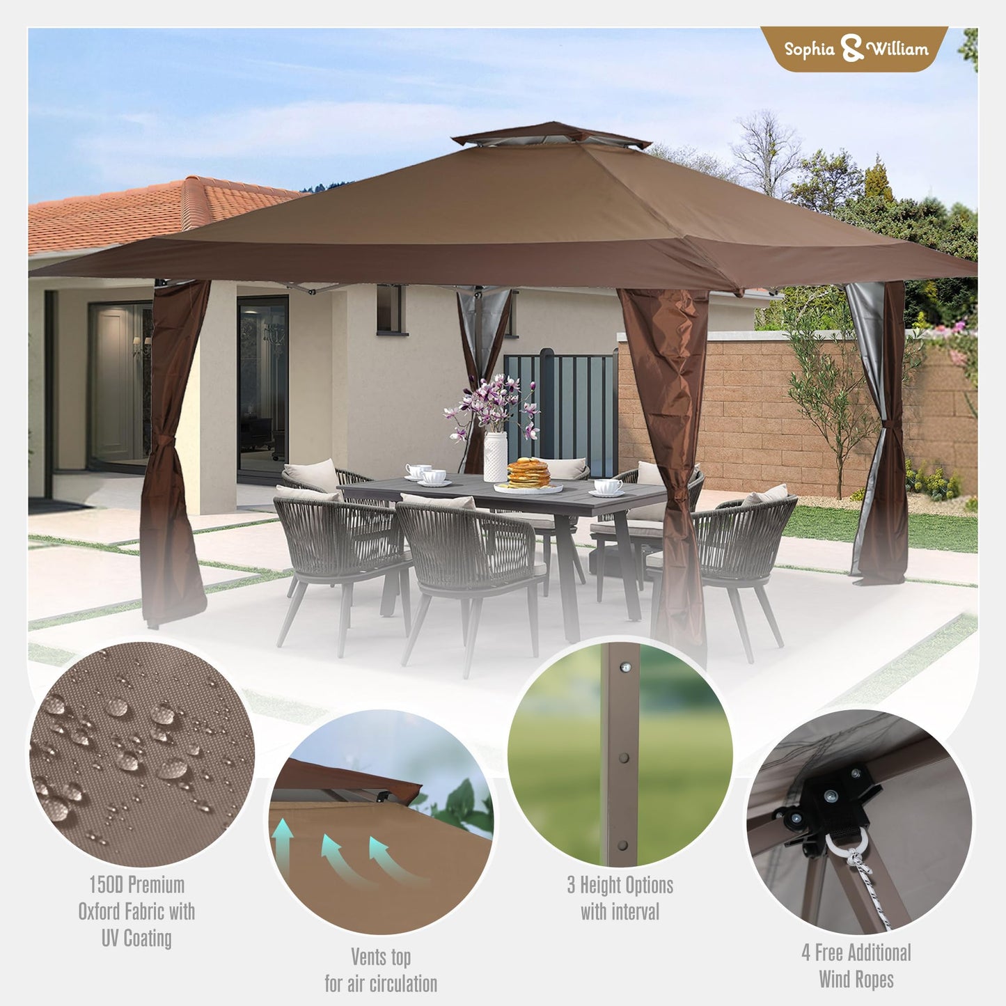 Canopy Tent Pop Up 13x13 ft, Outdoor Patio Portable Commercial Canopies Shelter Heavy Duty Straight Legs with Roller Bag, 8 Stakes, 4 Guy Ropes, UPF50+, Brown, Sophia & William