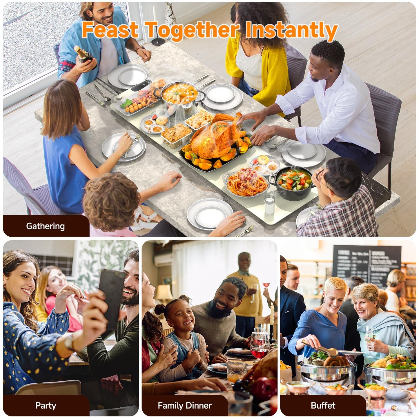 FEPPO Warming Mat for Food, Extra-Long Size 42"x12", Fast Full-Surface Heating Food Warming Mat with 6-Hour Timer & 19-Level Temperature Control, Roll Up Food Warmers for Parties Buffet