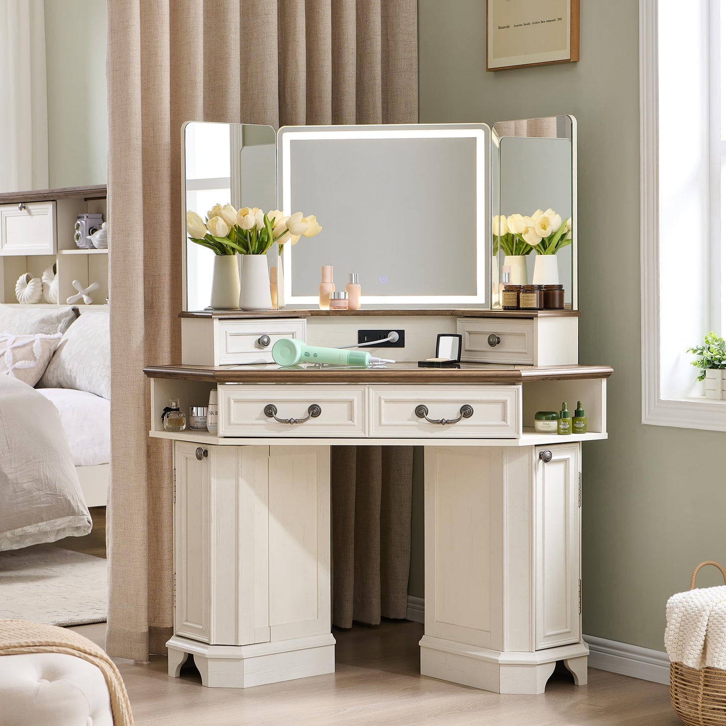 T4TREAM Makeup Vanity Desk 48" with 3 Way Mirror and Lights, Large Farmhouse Corner Vanity Dressing Table with Glass Top & Charging Station, 3 Drawers & 2 Storage Cabinets for Bedroom, Antique White