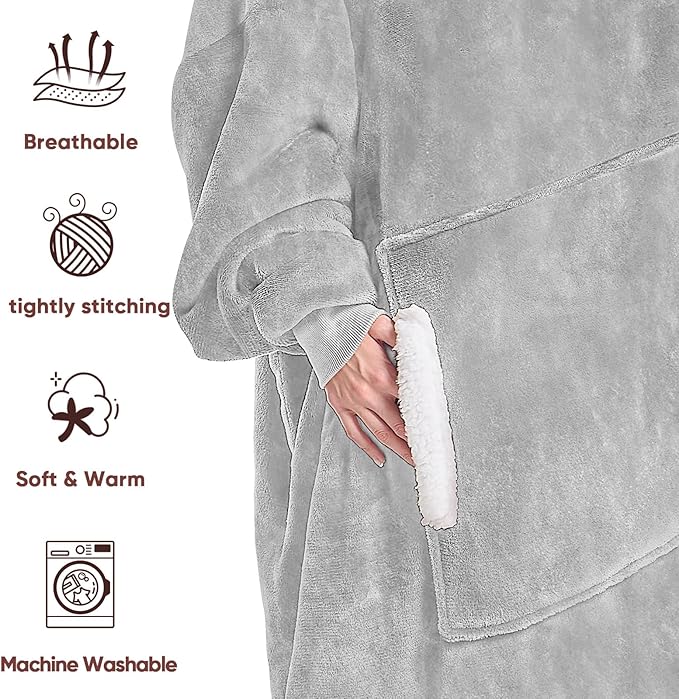 yescool Wearable Blanket Hoodie, Flannel Sherpa Fleece Blanket Sweatshirt for Adults Women Men,One Size Fits All