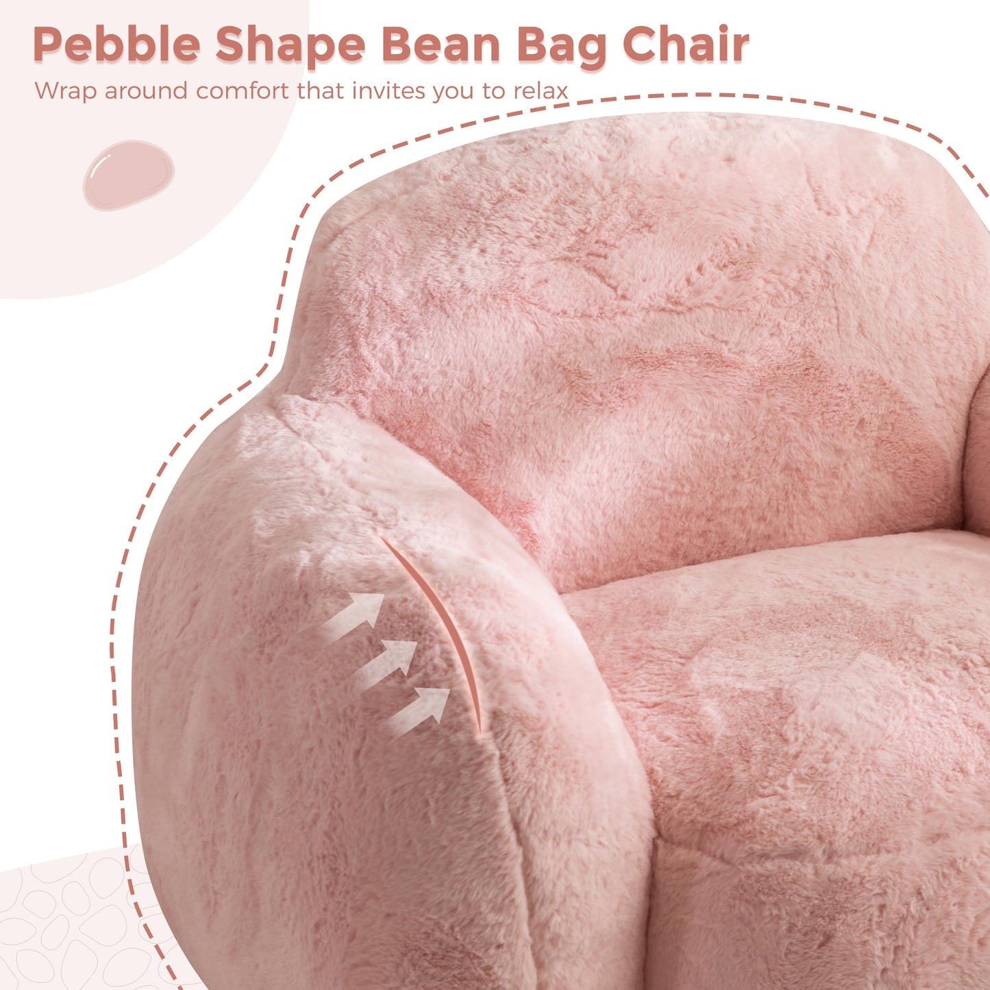 MAXYOYO Bean Bag Chair, Comfy Pebble Shaped Single Bean Bag Sofa for Adults, Stuffed Floor Sofa with Supportive Backrest & Armrests, Modern Faux Fur Accent Chair for Living Room & Bedroom, Pink