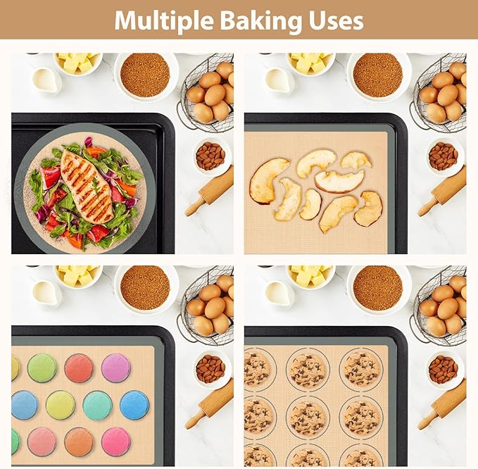 Silicone Baking Mat Set of 4, Nonstick Reusable Macaron Silicone Baking Mat & Round Pizza Mat, Cookie Baking Supplies for Macaroons, Pastry, Pizza, Gray