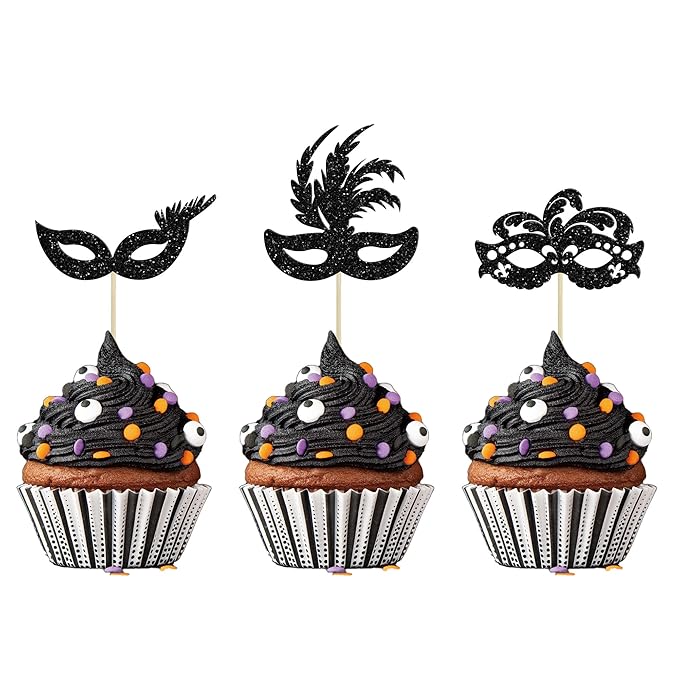 Gyufise 24Pcs Masquerade Masks Cupcake Toppers Glitter Bachelorette Party Mask Cupcake Food Fruit Picks Masquerade Mardi G...