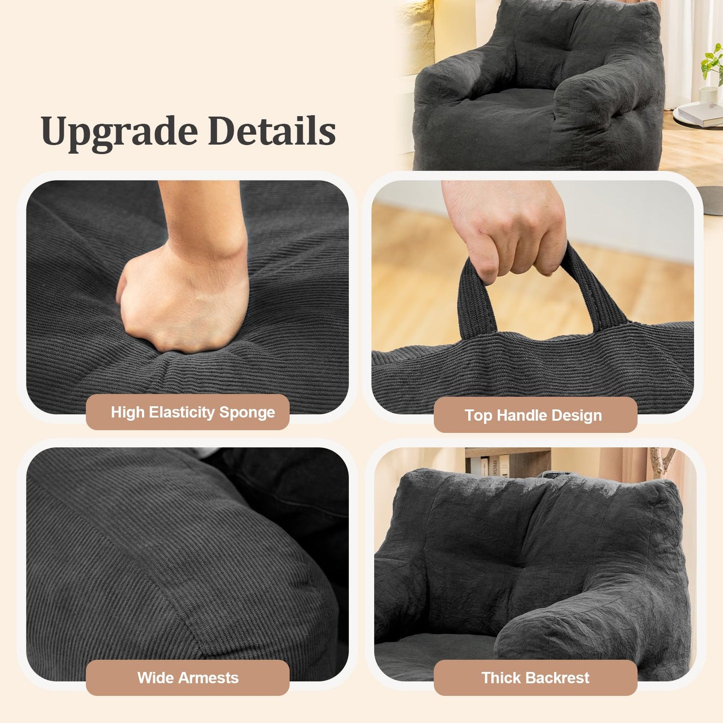 Stmoze Bean Bag Chair, Bean Bag Chair for Adults, Fluffy and Comfy Bean Bag with Filler, Bean Bag Sofa Chair for Reading, Gaming, Stuffed High-Density Foam, Grey