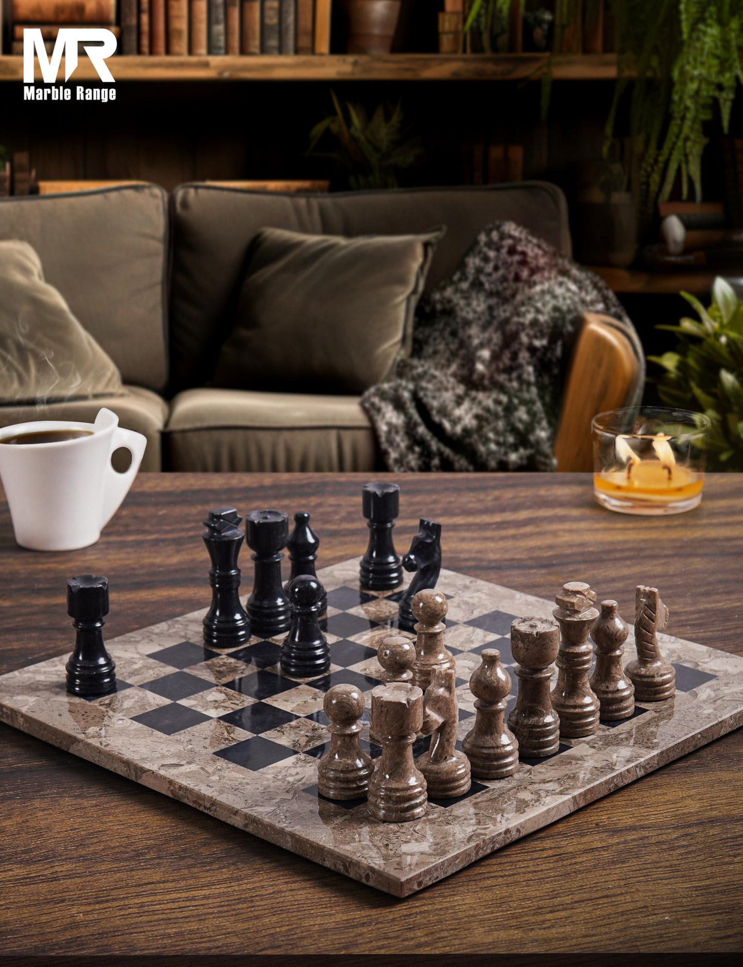 Marble Chess Set for Adults 12" Handmade Oceanic & Black Board Game with 32 Chess Pieces, 2 Extra Queens & Storage Box, Luxury Travel Game, Elegant for Home Decor