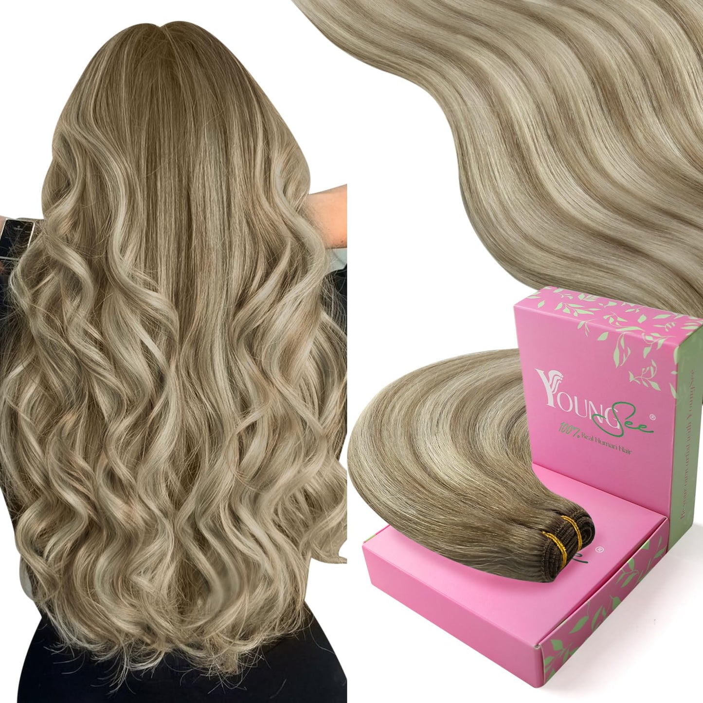 YoungSee 125G Sew in Hair Extensions Real Human Hair Balayage Brown Human Hair Weft Extensions Medium Brown Fading to Brown Mix