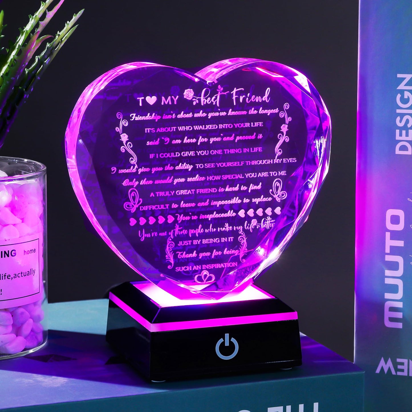 YWHL Birthday Gifts for Best Friend with Colorful LED Base Heart Crystal Friendship Gifts for Women Meaningful Bestie Gifts Mothers Day BFF Gift Idea for Her Female Friend