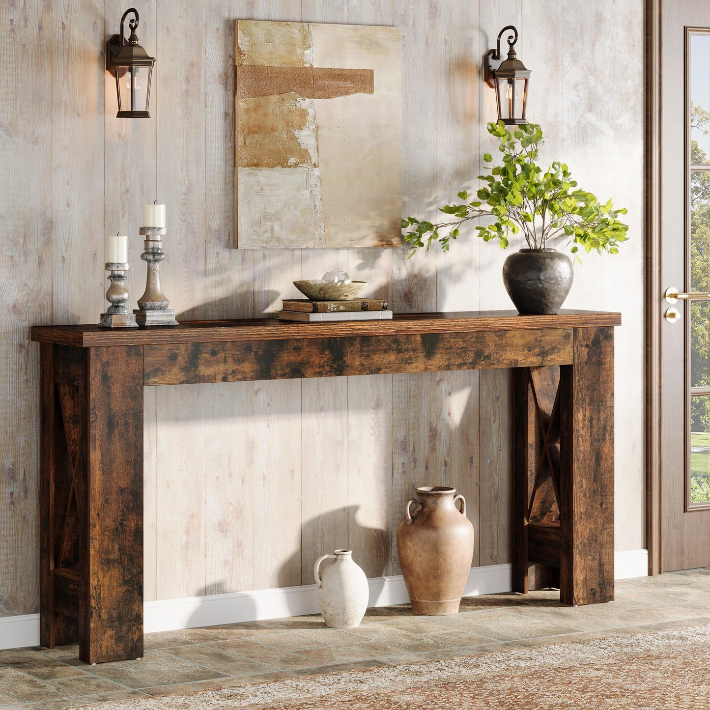 Tribesigns 70.9" Extra Long Console Table, Farmhouse Narrow Long Entryway Table with H-Shaped Legs for Living Room, Hallway, Rustic Brown