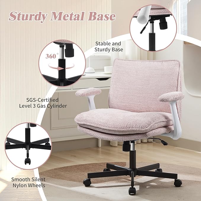 Kassipo Criss Cross Legged Office Chair with Wheels and Flip-Up Arms, Upholstered Criss Cross Desk Chair, Wide Seat Chairs for Home Office, Vanity, Apartment, Pink