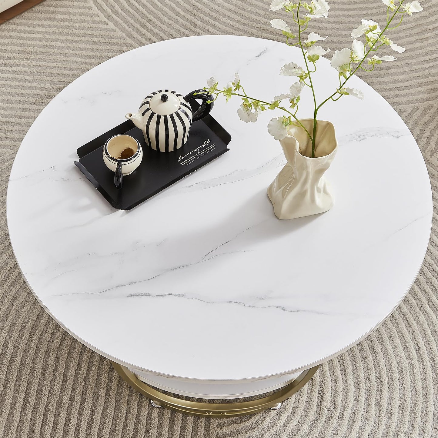 Elephance Round Coffee Table with Storage, 30 Inch Modern Coffee Table for Living Room,Wooden Tabletop-Marble White Print with Gold Frame