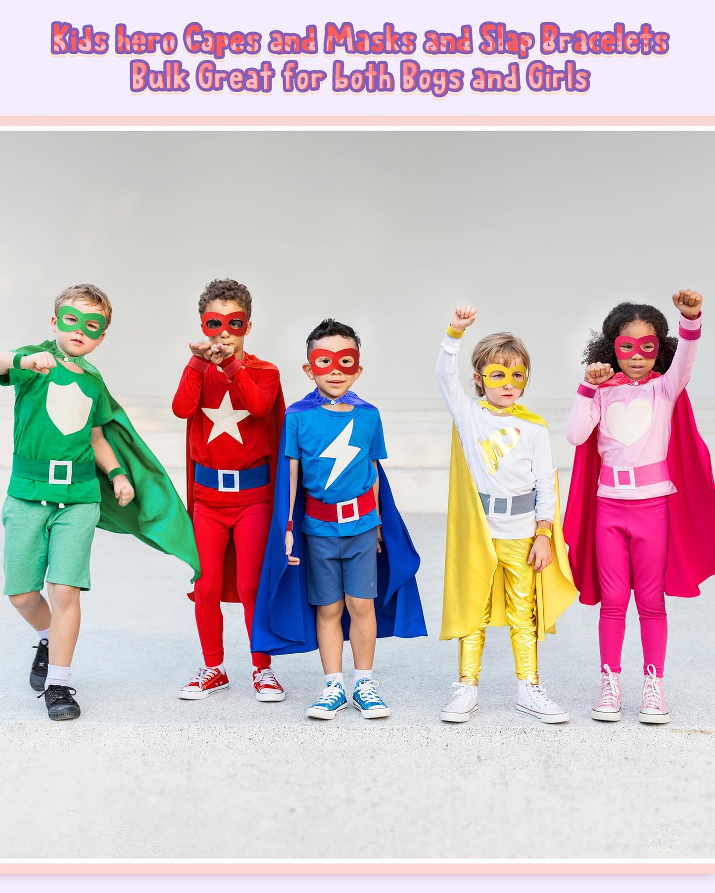 Jenaai 48 Sets Kids Party Costume Set Capes Felt Masks and Slap Bracelets for Birthday Halloween Cosplay Group Dress-up Party
